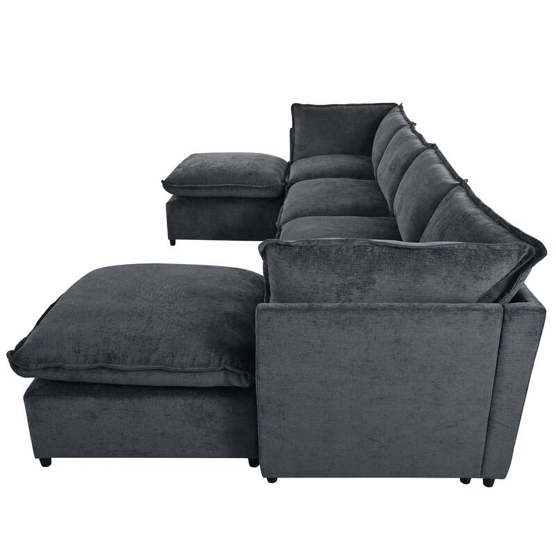 U-Shape Sectional Sofa Upholstered Couch with Removable Cushions and Solid Wood Frame, Modular Sofa 2 with Movable Ottoman