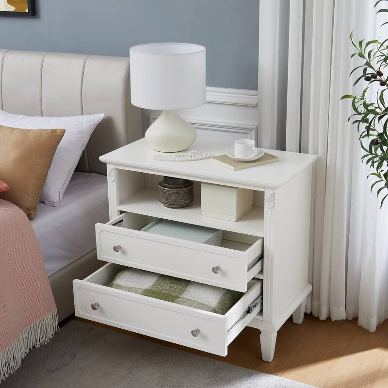 Open Space and 2 Drawers Dresser Nightstand with Charging Station, Farmhouse End Table with USB Ports and Outlets for Bedroom