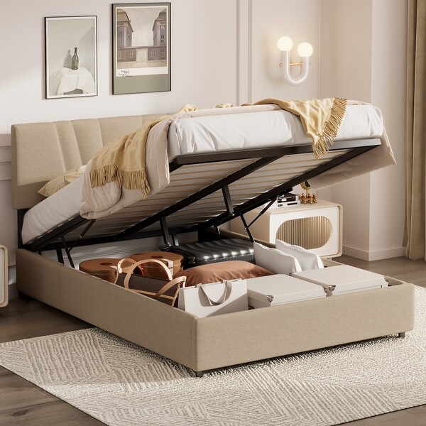 Full Size Bed Frame with Storage and Tufted Headboard Wooden Full Platform Bed Light Beige