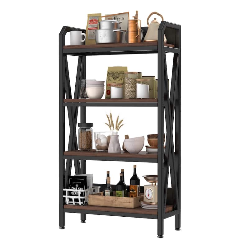4-Tier Kitchen Storage Rack with Black Metal Frame and Brown Wooden Shelves Perfect for Pantry - 33.5”L x 15.8”W x 55.1”H