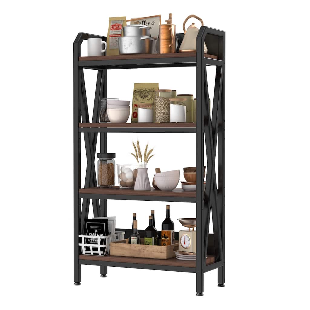 4-Tier Kitchen Storage Rack with Black Metal Frame and Brown Wooden Shelves Perfect for Pantry - 33.5”L x 15.8”W x 55.1”H