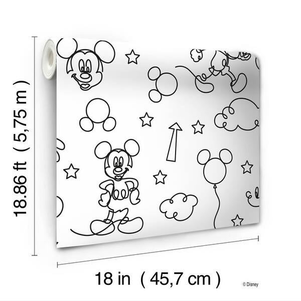 Black & White Disney Mickey Mouse Line Art Peel and Stick Wallpaper by RoomMates