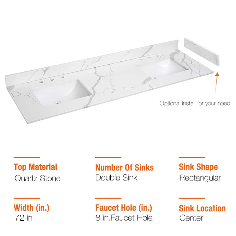 Bath Vanity Quartz Overhand Top with Rectangular Sink Backsplash Sidesplash Included in Calacatta Sevella