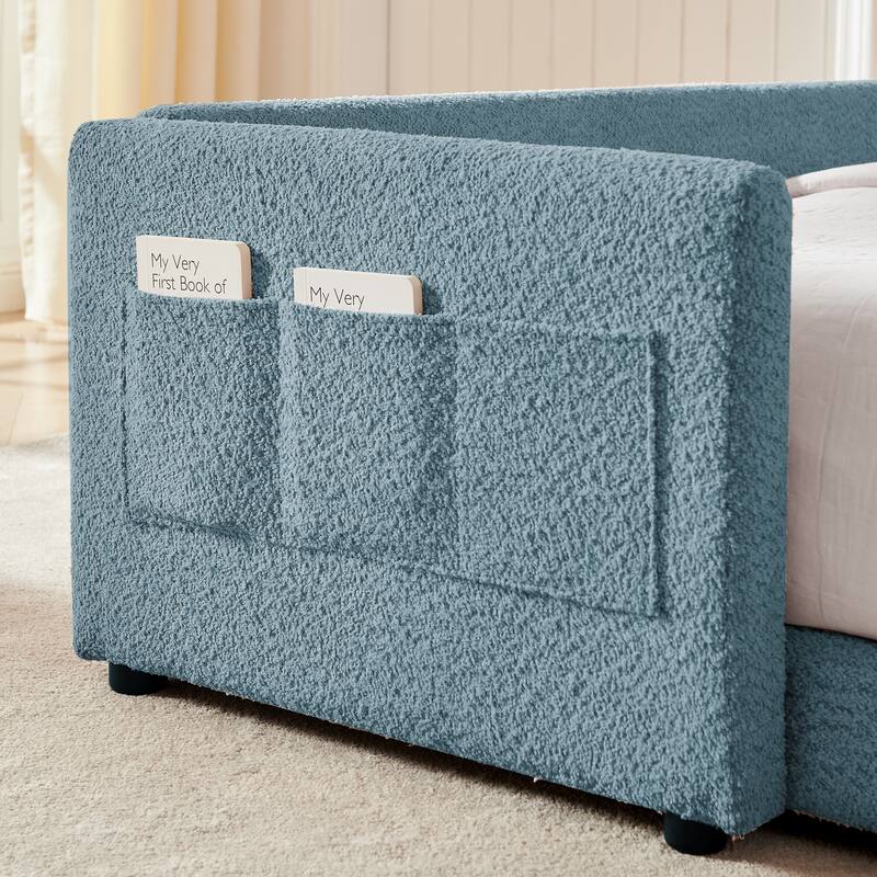 Full Size Upholstered Platform Bed with Bunny Ear Headboard, Safety Rail & Pocket