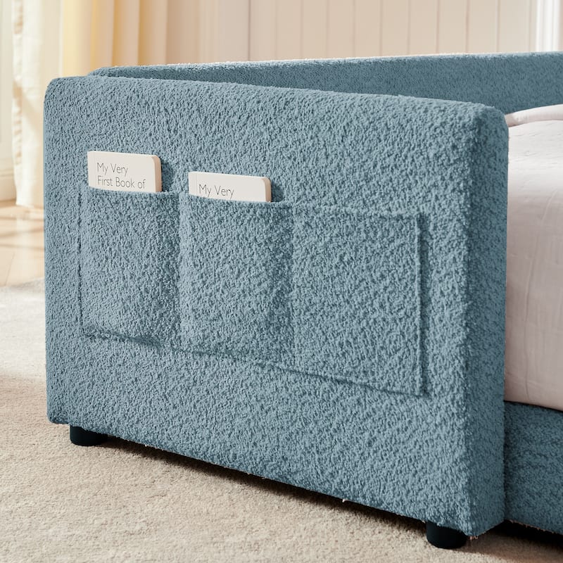 Upholstered Platform Bed with Safety Rail Pocket and RabbitEar Platform Bed w/Skin-friendly Boucle Wood Slat Support Bed Frame