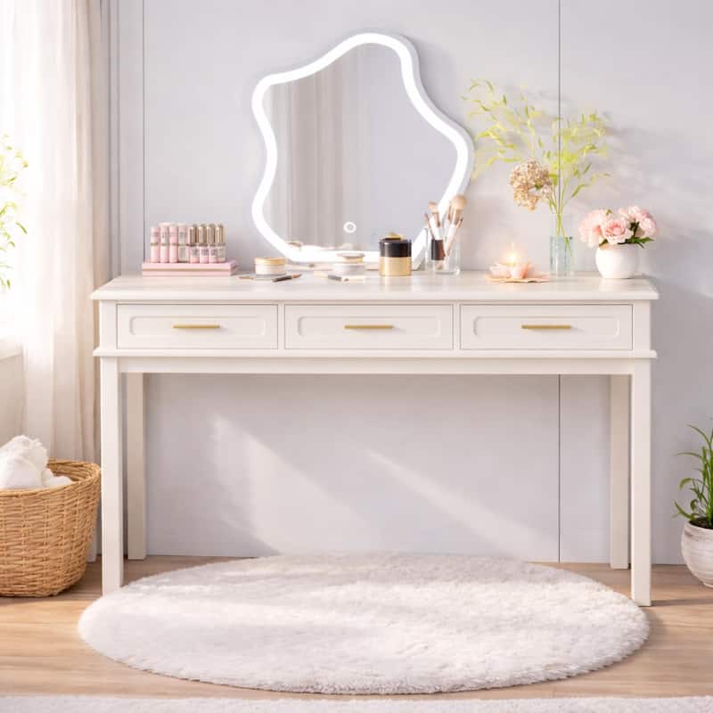 Cream White Vanity Desk with 3 Drawers, Modern Makeup Table or Writing Desk, Multipurpose Dressing Table, No Mirror Included