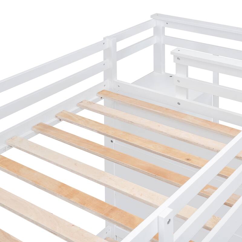 White Twin Over Twin Bunk Bed with Trundle, Staircase and Storage Drawers, Space-Saving Design