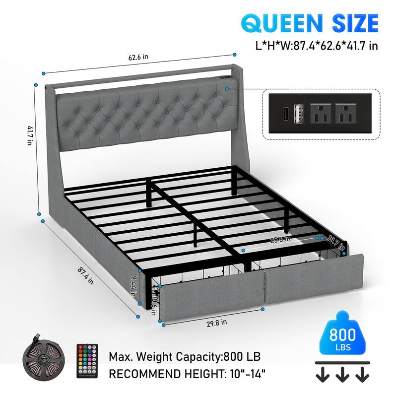 Full Size/Queen Size Bed Frame, Upholstered Platform Bed with RGB LED Light Storage Headboard & USB Charging Station