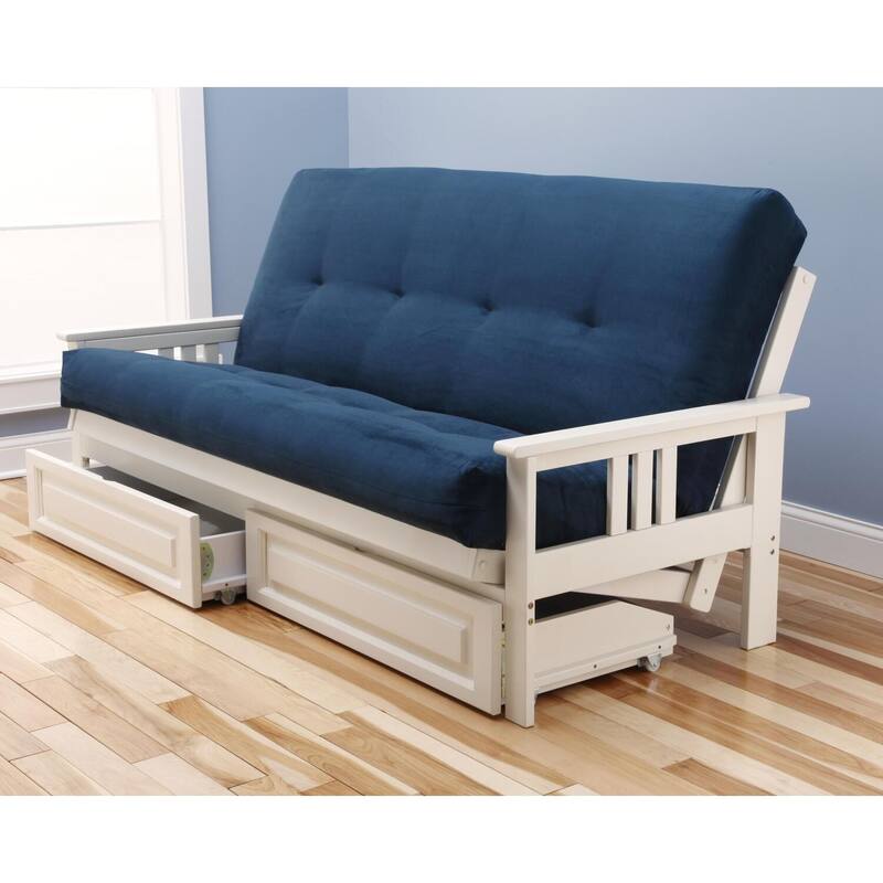 79 in. Antique White/Suede Navy Polyester Upholstered Full Size Futon Set with Mattress and Storage Drawers
