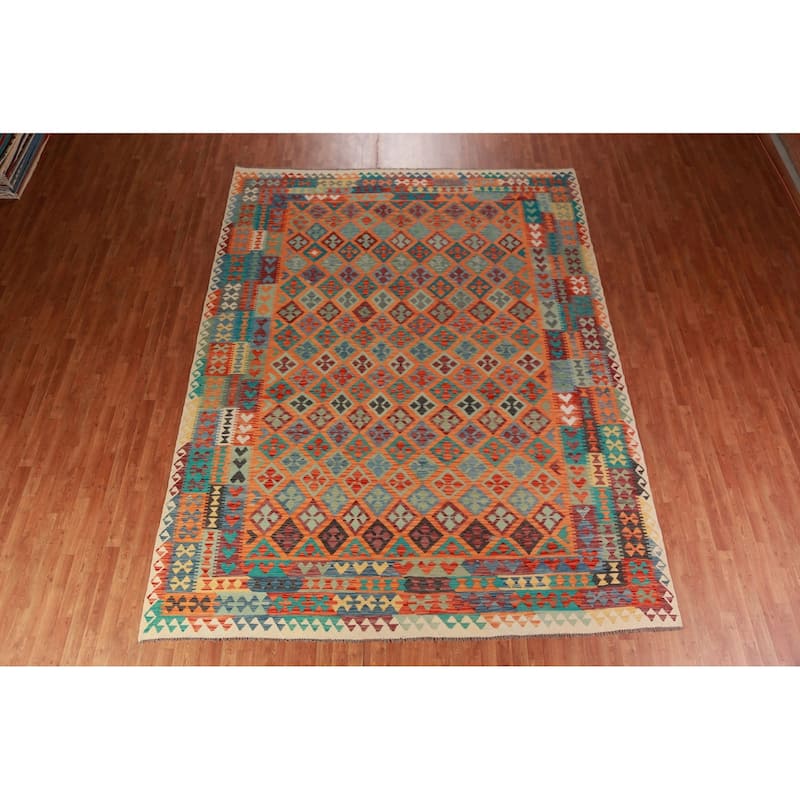 Trellis Orange Kilim Reversible Wool Area Rug Wool Carpet - 9'9"x 12'8"