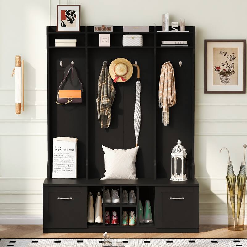 5-in-1 Entryway Bench with Coat Rack, 7 Sturdy Hooks, Adjustable Shelves, Drawers, and Metal Handles