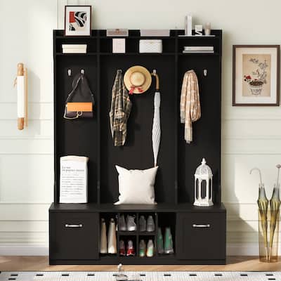 5-in-1 Entryway Bench with Coat Rack, 7 Sturdy Hooks, Adjustable Shelves, Drawers, and Metal Handles
