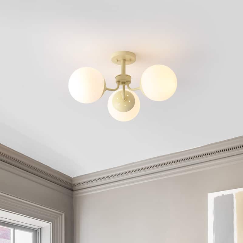 Ojai 23.5" 3-Light Bohemian Farmhouse Iron/Frosted Glass LED Semi Flush Mount, Brass Gold/White by JONATHAN Y