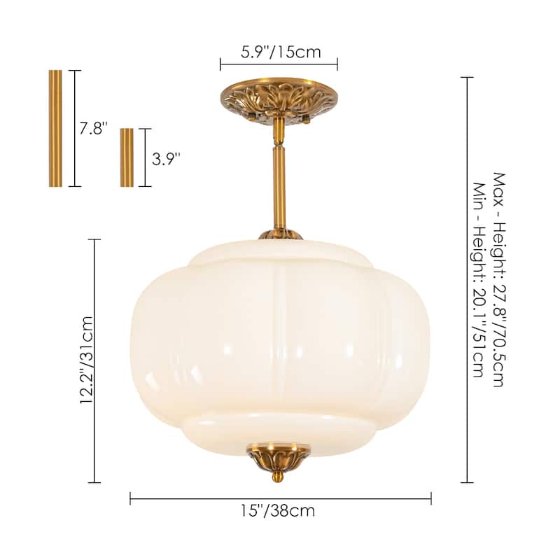 1-Light Retro Antique Brass Pumpkin Shaped Flush Mount Ceiling Light/Pendant Light with Milk/Green Glass for Kitchen,Dining Room