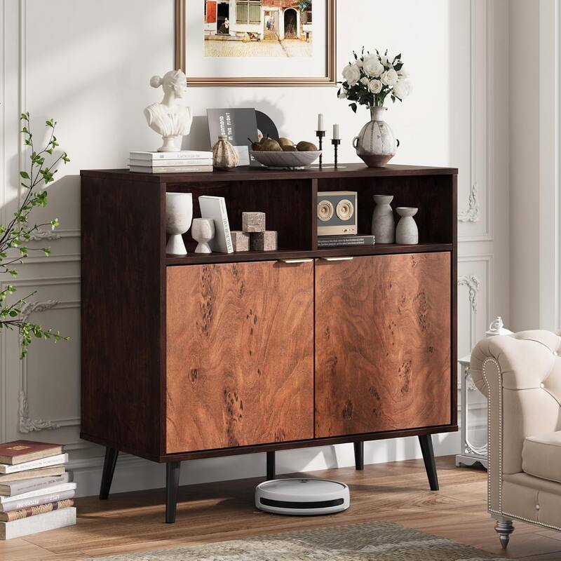 Sideboard Buffet Cabinet with Storage, Wooden Cabinet with 2 Open Shelves, Burl Texture, Coffee Bar for Dining Room