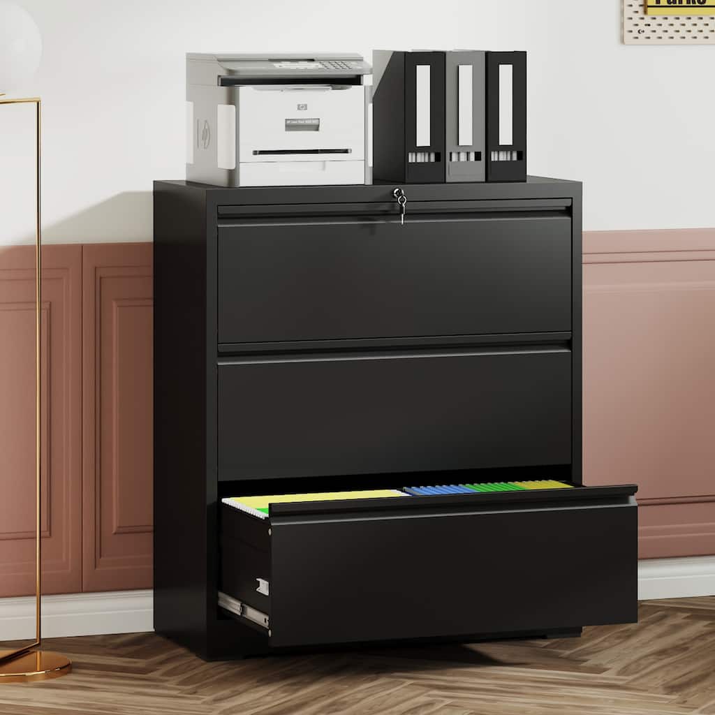 Modern Filing Cabinet Lateral Filing Cabinet with 3 Drawers, Anti-Tilt Safety Device, Silent Slides and Locks, for Home Office
