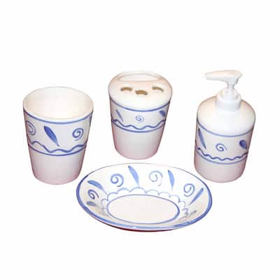 White Ceramic Vintage China Bath Set Soap Dish Dispenser Tumbler