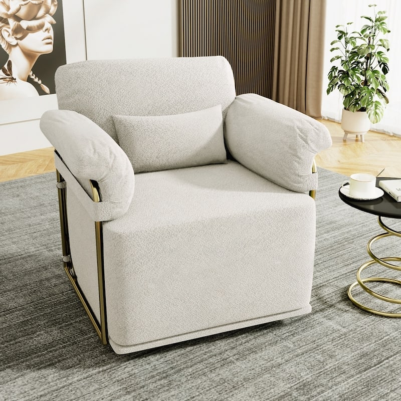 360 Degree Barrel Swivel Fluffy Fabric Lounge Wide Upholstered Reading Chair with Gold Metal Legs
