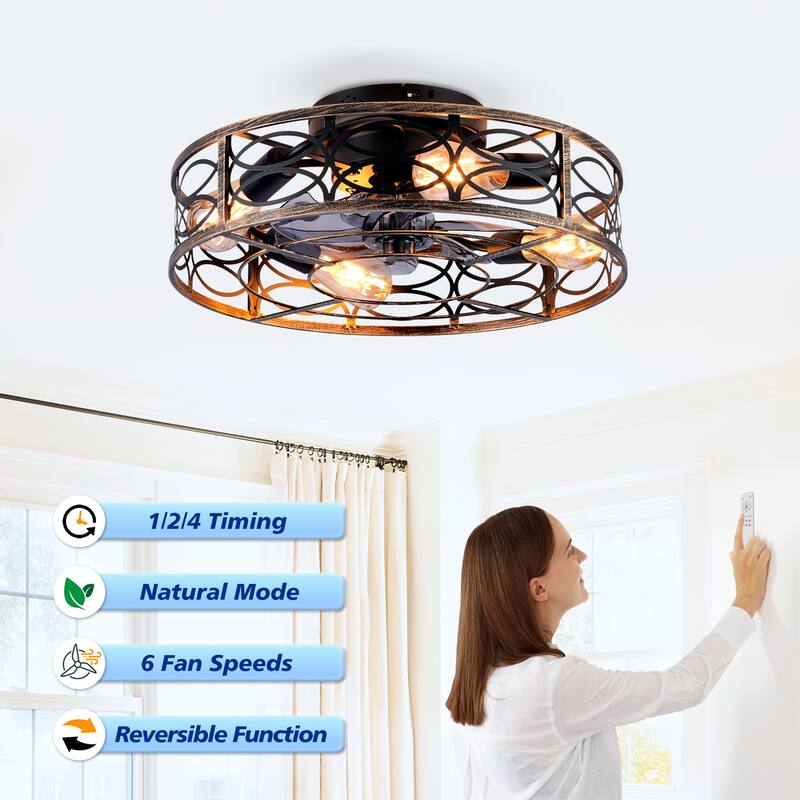 20" Low Profile Caged Ceiling Fans with Lights and Remote, Farmhouse Flush Mount Ceiling Fan with 6 Speeds Reversible Motor