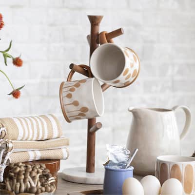 Mango Wood and Marble Mug Rack - 6.0"L x 6.0"W x 16.8"H