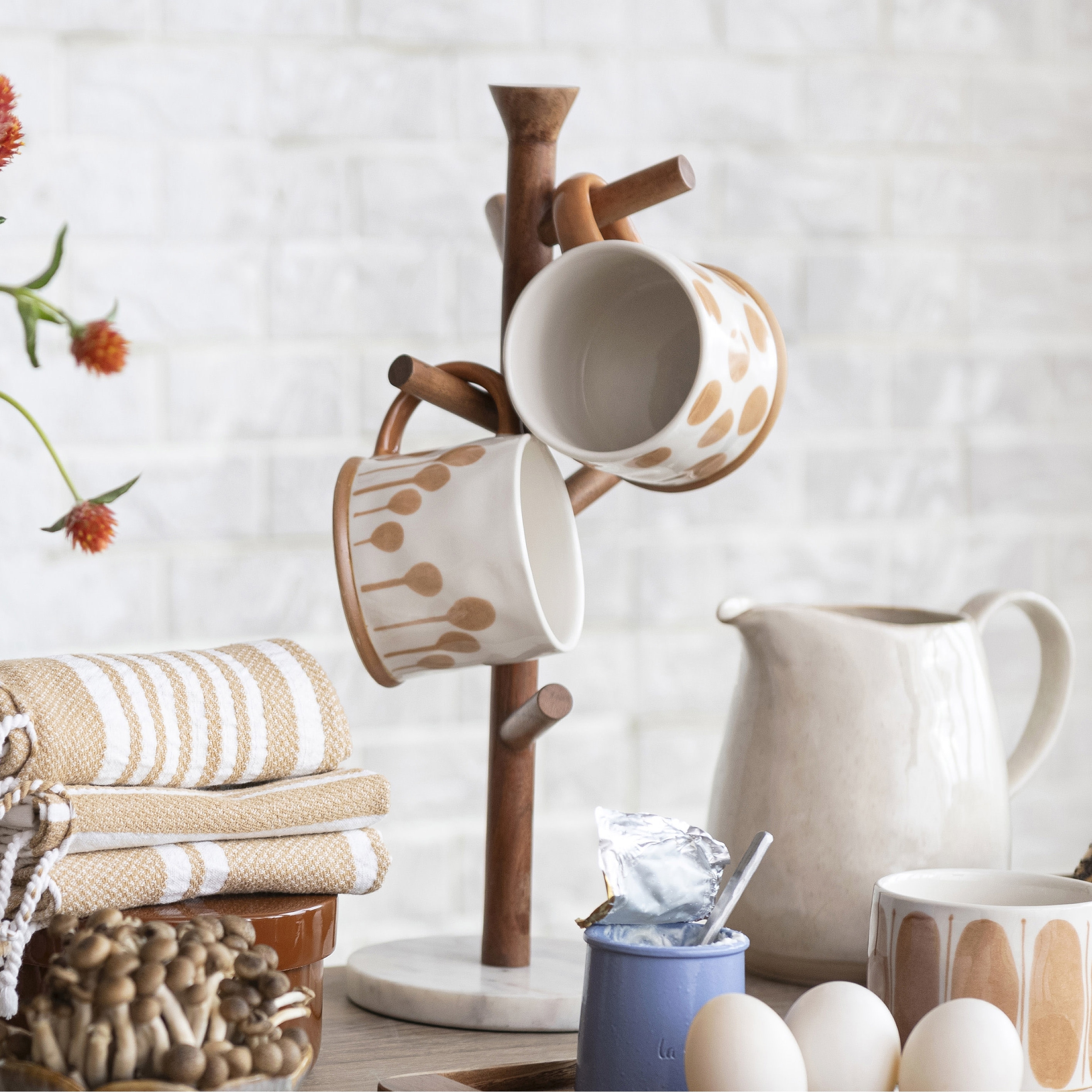 Mango Wood and Marble Mug Rack - 6.0"L x 6.0"W x 16.8"H