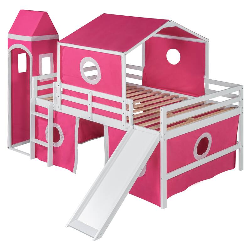 Roomfitters Full Size Loft Bed with Slide, Pink Tent and Decorative Tower, Playful Sleeping Platform, Pink
