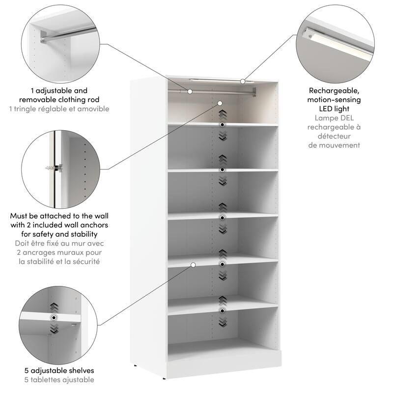 Bestar Florence 36W x 25D Closet System Tower with LED Light, Shelves