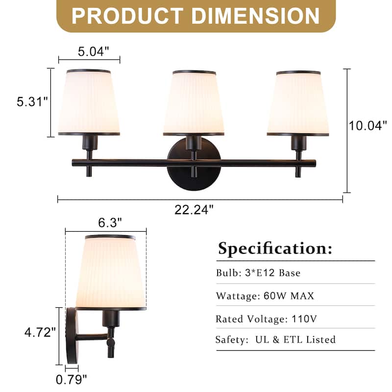 3-Light Matte Black Metal Wall Sconce Ribbed Fabric Shade Traditional