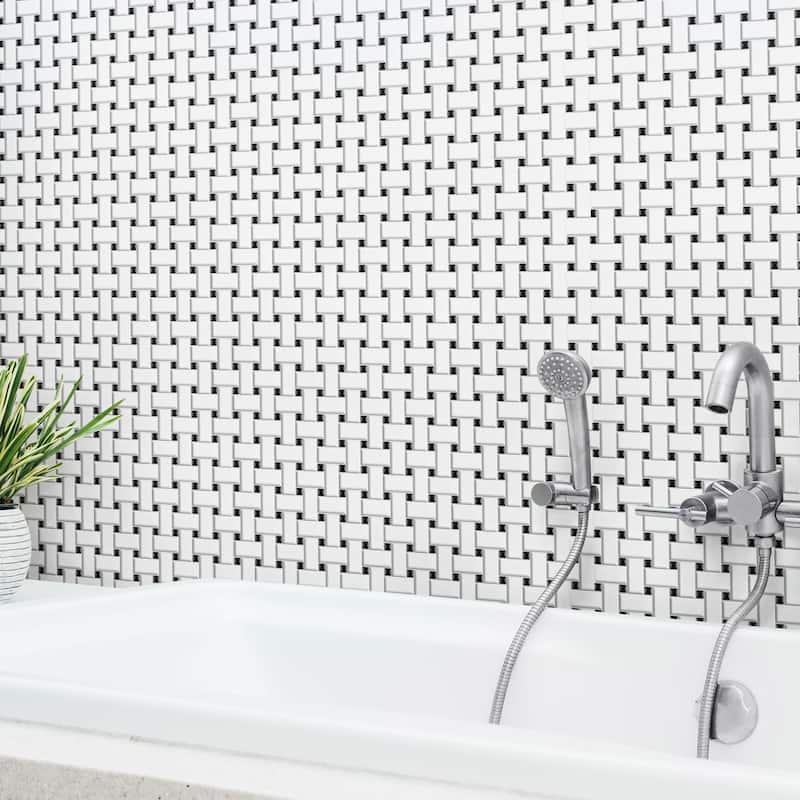 SomerTile Metro Basketweave Matte White with Black Dot 11.75" x 11.75" Porcelain Mosaic Tile