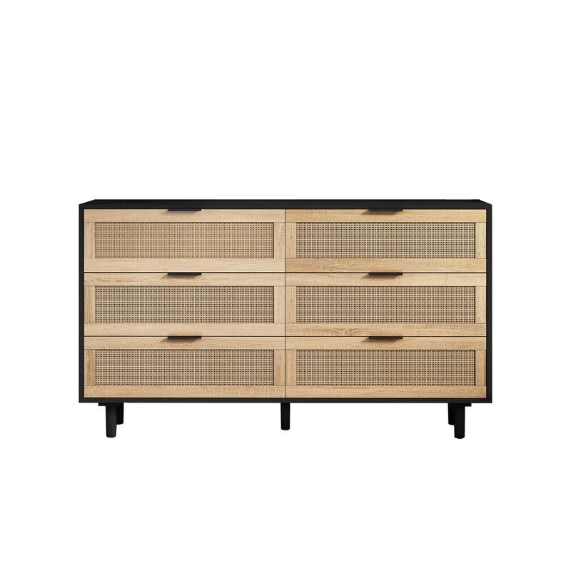 51.18"6 Drawers Rattan Storage Cabinet for Bedroom - N/A - Black