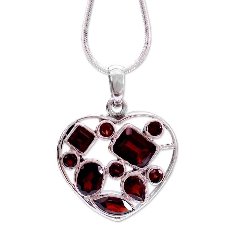 Handmade Sterling Silver 'My Love' Garnet Necklace (India) - 1"x1.4" - Red - Garnet - White - 1"x1.4" - Red - 15.5 Inch
