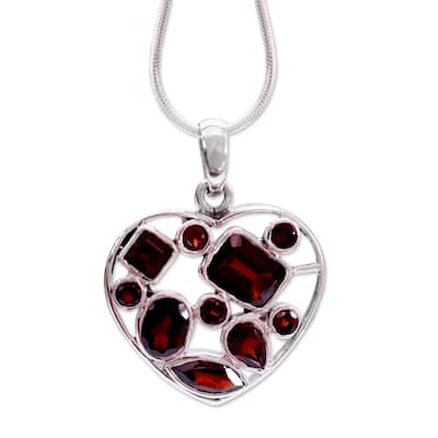 Handmade Sterling Silver 'My Love' Garnet Necklace (India) - 1"x1.4"