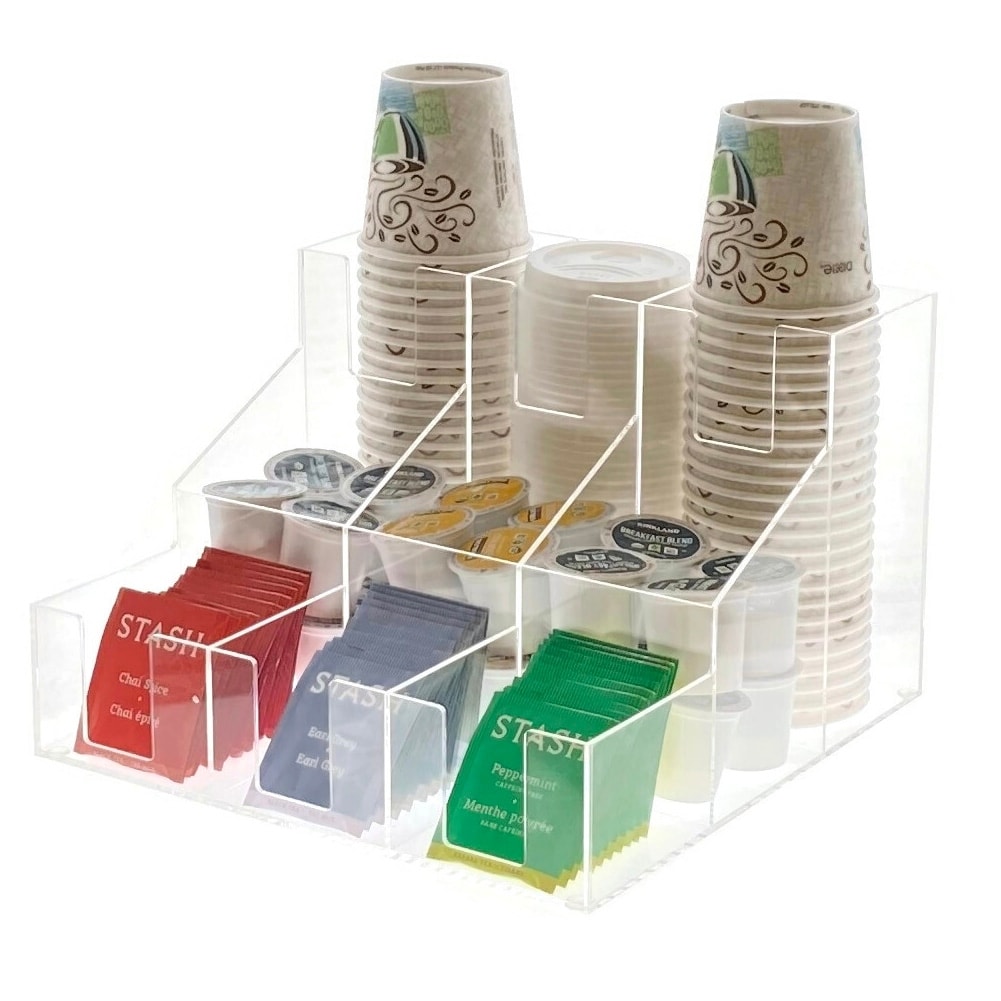 OnDisplay Acrylic Break Room Coffee Station Organizer for Cups Lids Sugar Coffee Pods Tea and more Clear