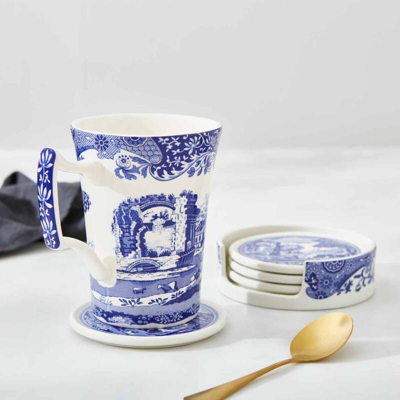 Spode Blue Italian 4 Piece Ceramic Coasters with Holder - Blue/White