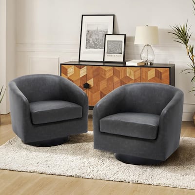 2 Set Modern Vegan Faux Leather Swivel Barrel Accent Chair