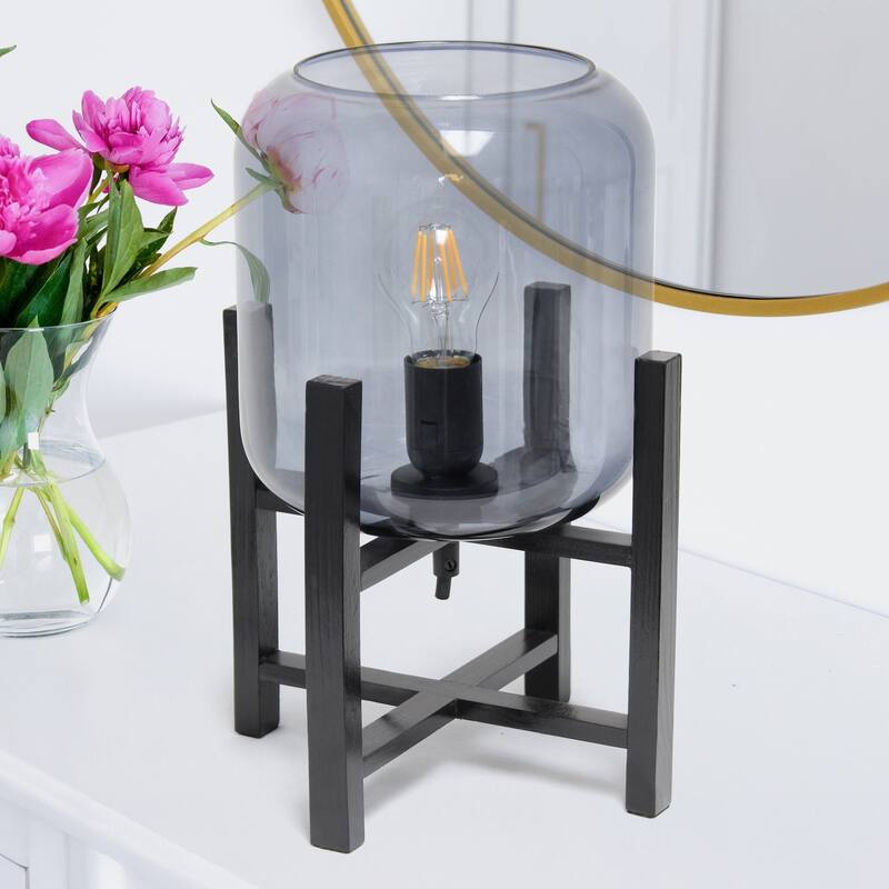 Wooden Table Lamp with Glass Shade - 13.5" - Black and Smoked Gray