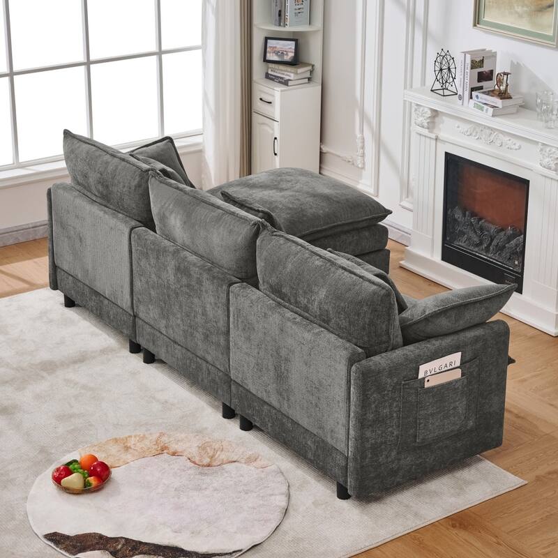 101.9" L-shaped Cashmere Sectional Sofa with Pillows and Movable Ottoman