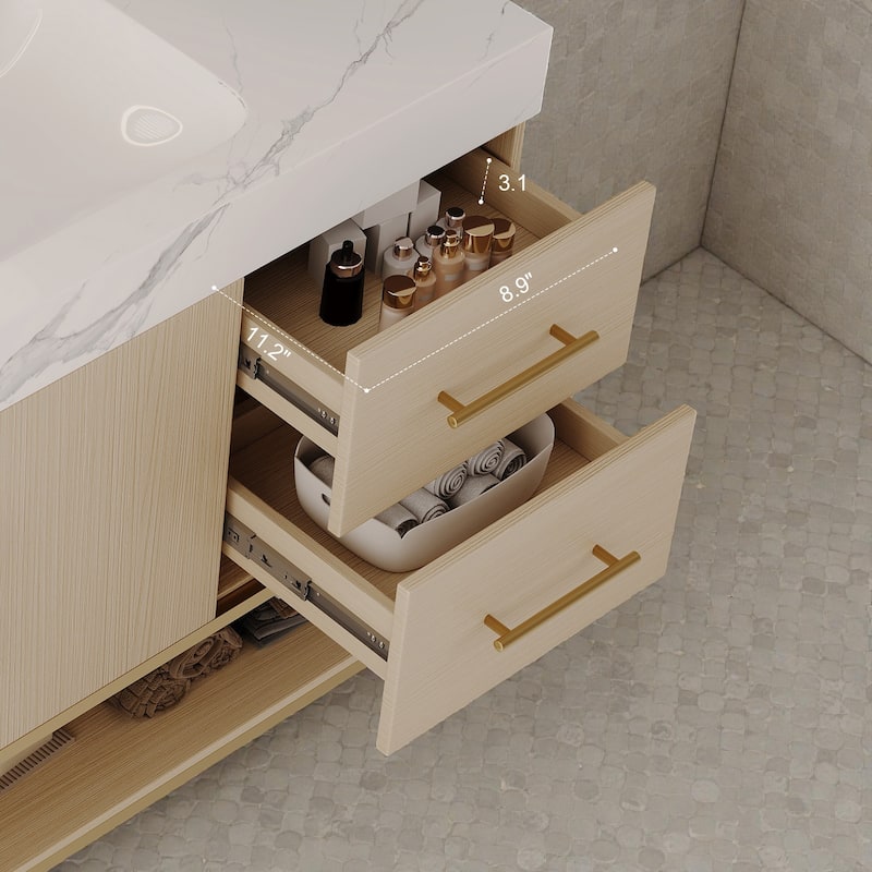 36 Inch Modern Bathroom Vanity with Seamless Ceramic Sink, Freestanding Cabinet with Gold Accents and Storage