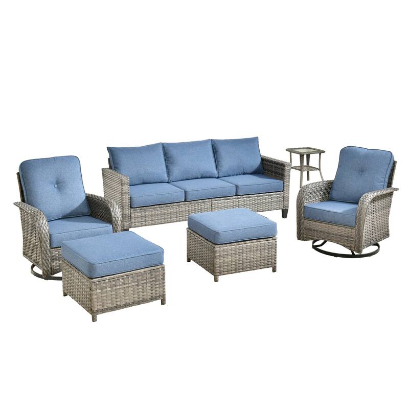 HOOOWOOO 6-piece Grey Wicker Outdoor Swivel Rocking Chair Set for Patio