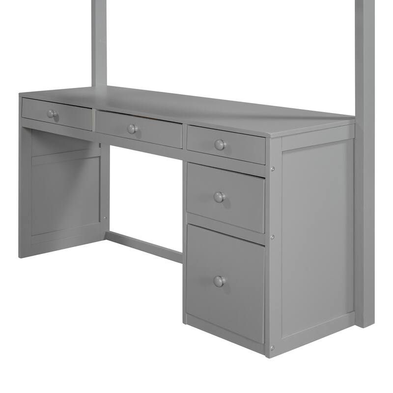 Space-Saving Twin/Full Loft Bed with Ladder, Desk, Shelves, and Drawers, for Kids/Teens