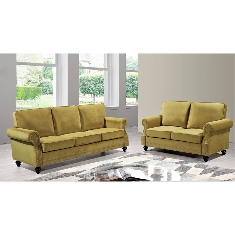Suffield Velvet Nailhead 2-Piece Set-Loveseat & Sofa - Yellow