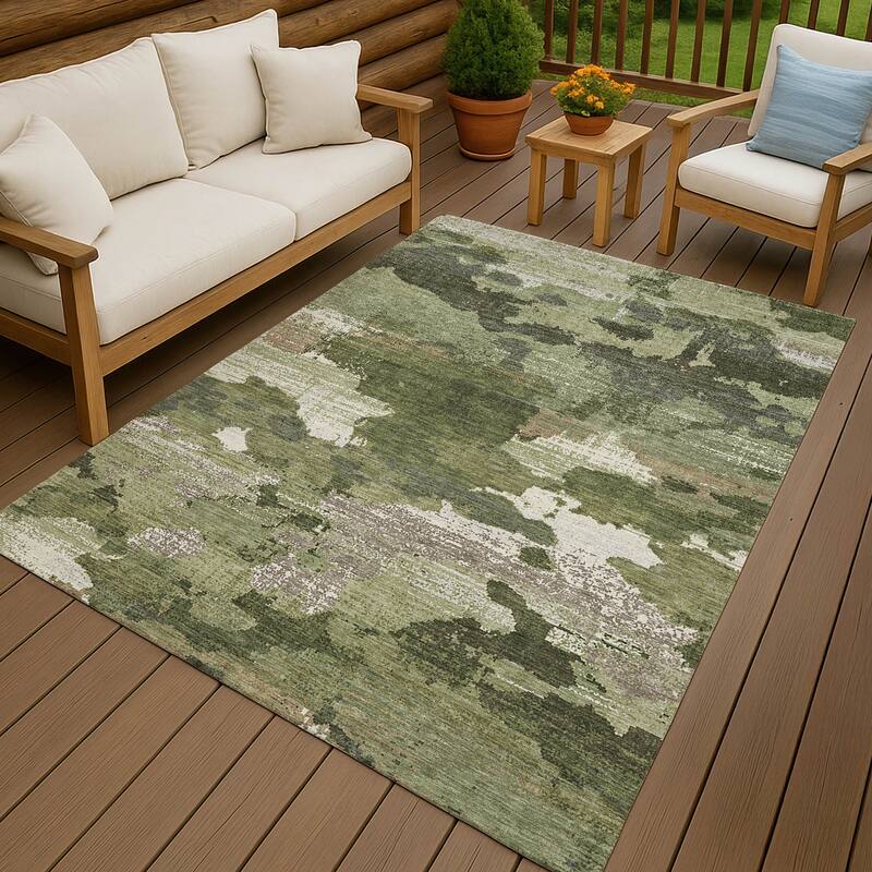 Machine Washable Indoor/ Outdoor Abstract Casual Chantille Rug - Olive - 10' x 14'