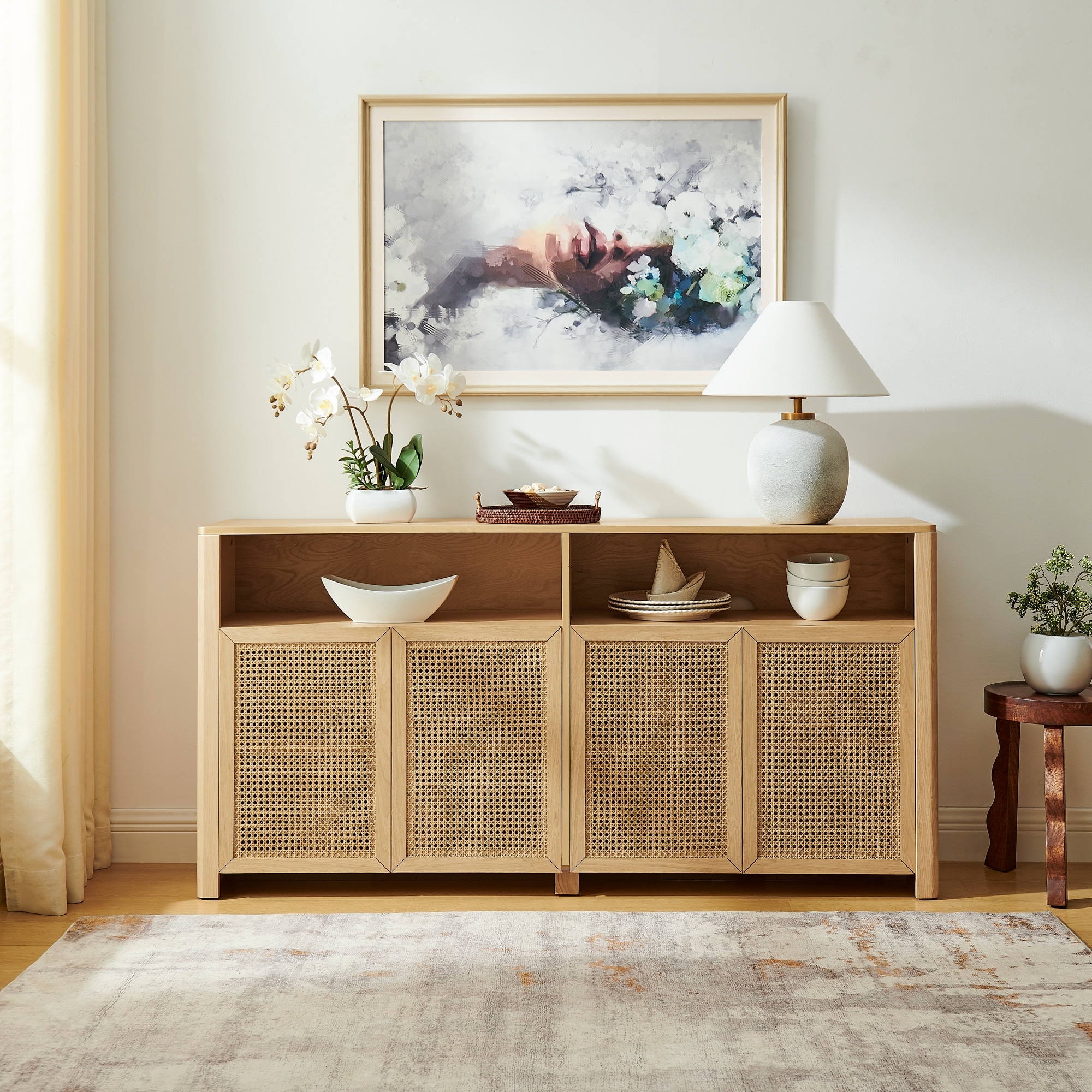 63" Modern Rattan Sideboard Buffet Cabinet with Storage and Open Shelf