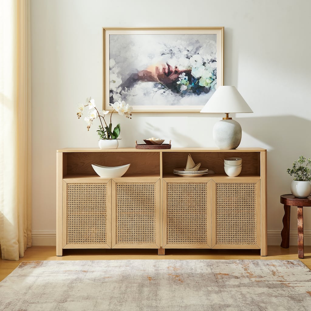 Roomfitters Rattan Sideboard Buffet Cabinet, Mid Century Modern Storage Credenza, Large Media Console Table