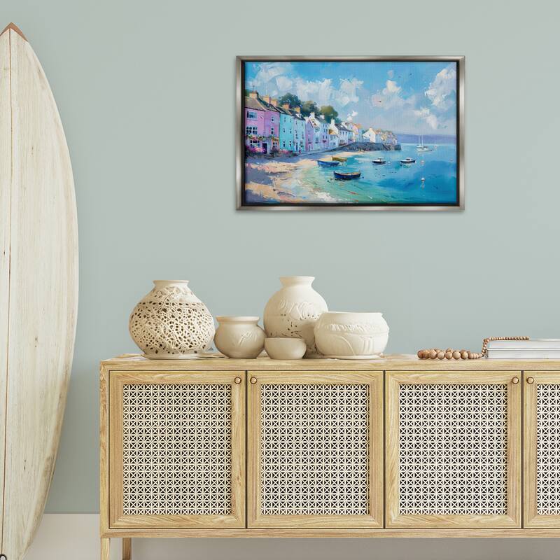 Stupell Seaside Village Cottages Framed Floater Canvas Wall Art Design By LSR Design Studio