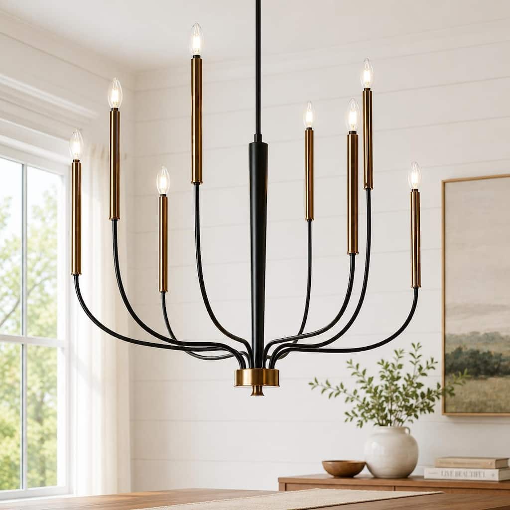LALUZ Modern 8-Light Chandelier Black Gold Classic Candle Light for Dining Living Room - 37.4" Dia × 22.4" H