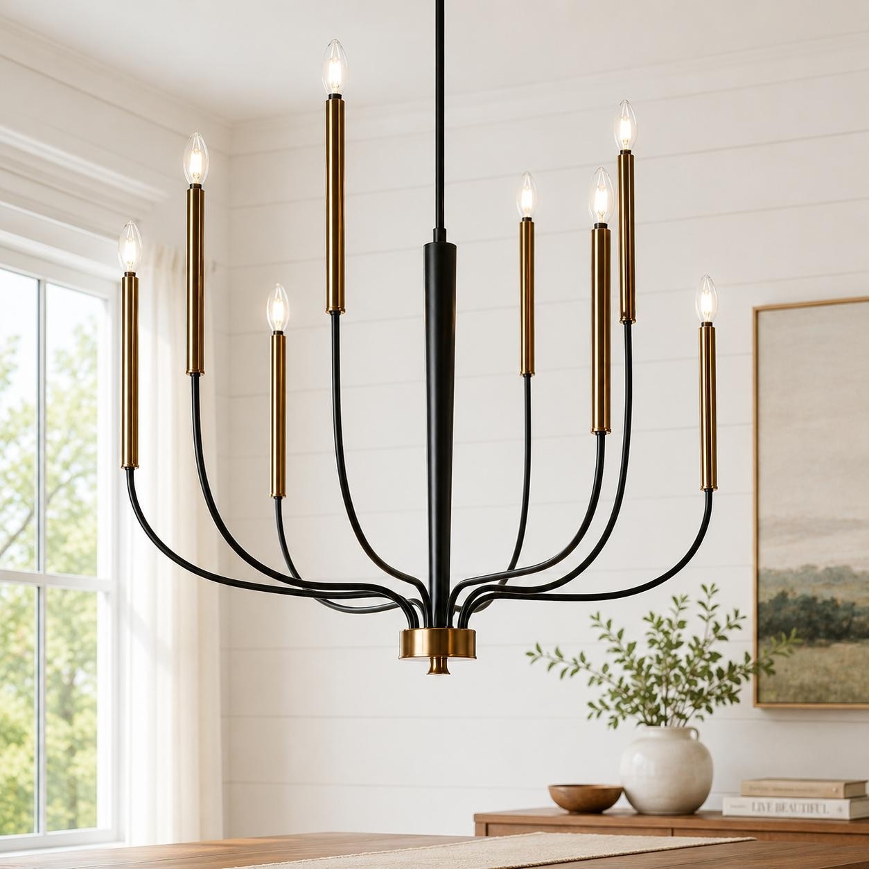 LALUZ Modern 8-Light Chandelier Black Gold Classic Candle Light for Dining Living Room - 37.4" Dia × 22.4" H