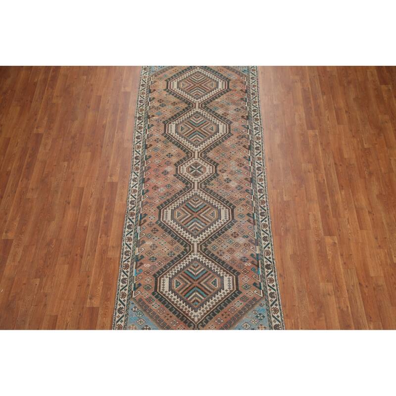Hand Knotted Oriental 100% Wool Carpet Traditional Geometric Oranges & Rust Bakhtiari Runner Rug - 9' 10'' X 3' 6''