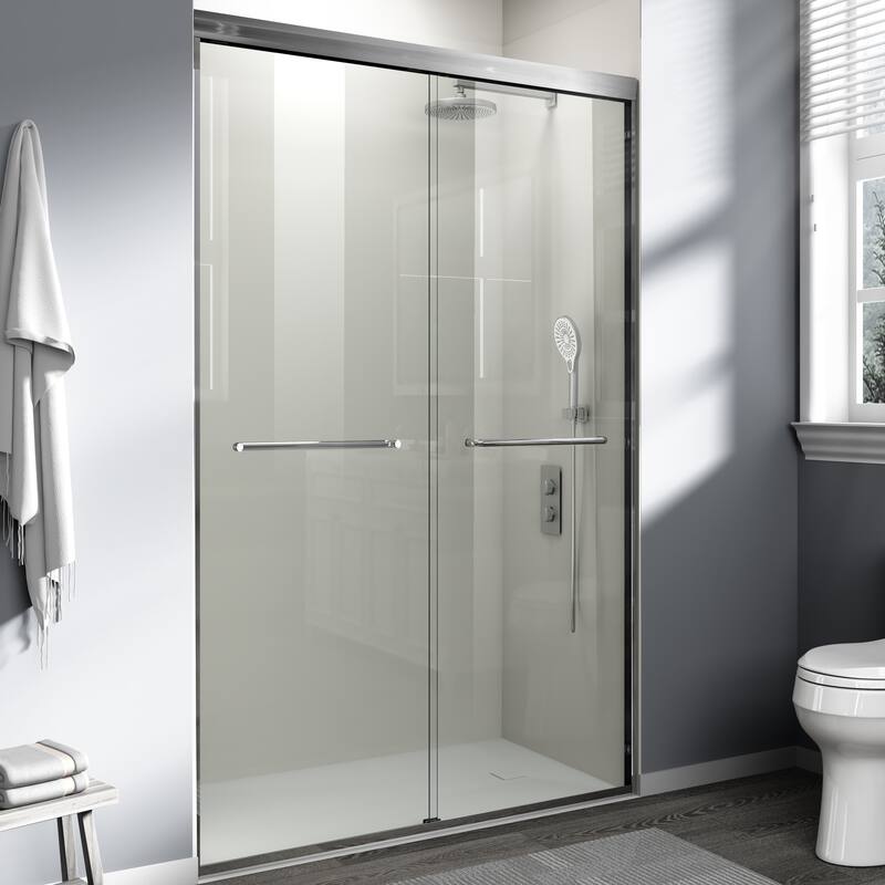 ABRUZZO 44-48" W x 72" H Semi-Frameless Double Sliding Tempered Glass Shower Door with Dual Towel Bars