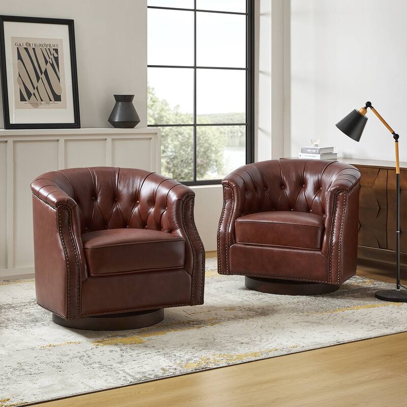 Max Traditional Chesterfield Rocker and Swivel Genuine Leather Chair with Nailhead Trims(Set of 2) - Brown